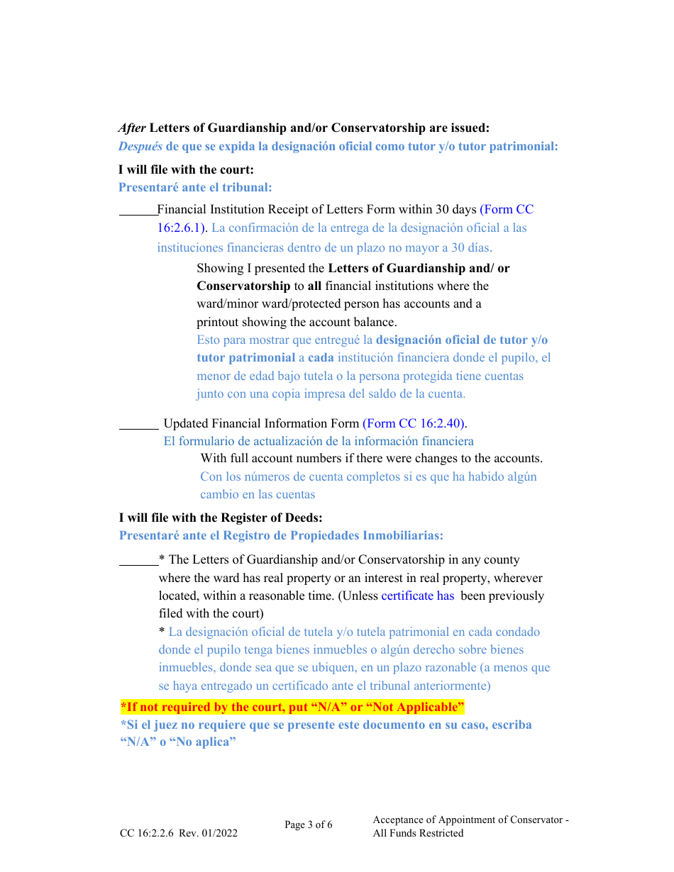 Form CC16:2.2.6 Acceptance of Appointment of Conservator - All Funds Restricted - Nebraska (English / Spanish), Page 3