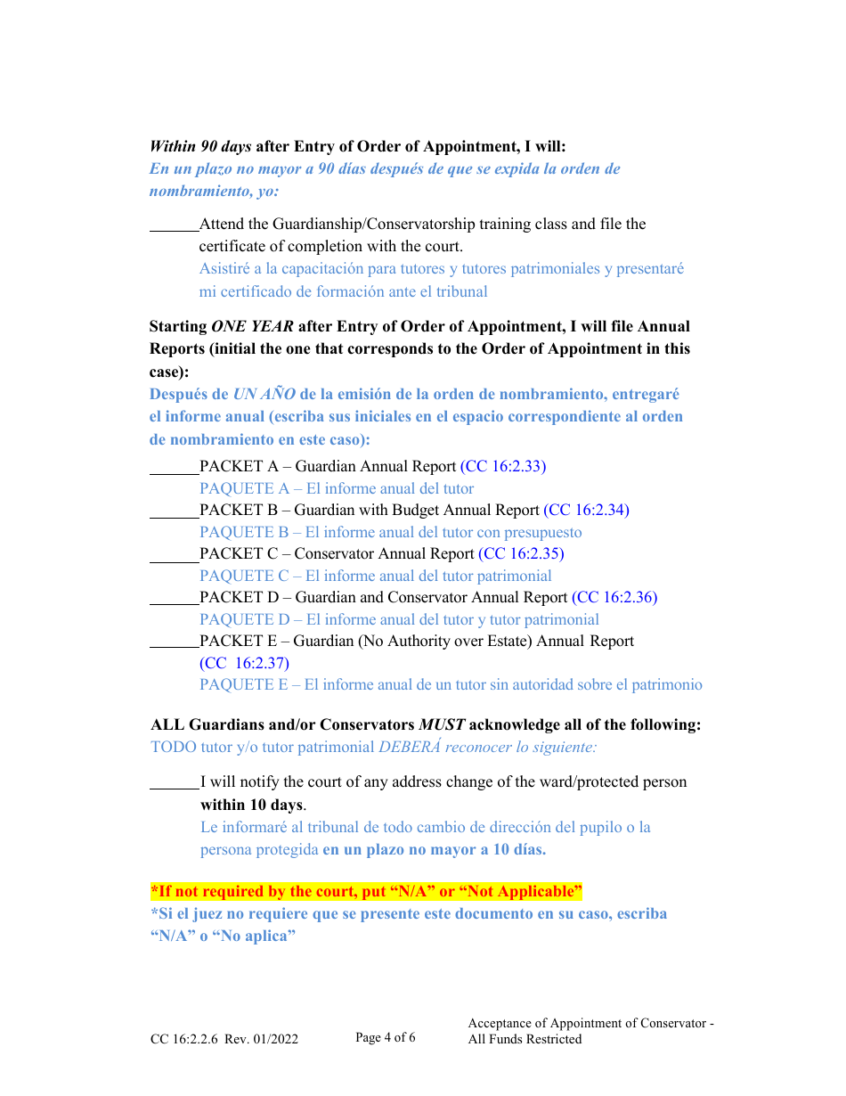 Form CC16:2.2.6 Acceptance of Appointment of Conservator - All Funds Restricted - Nebraska (English / Spanish), Page 4