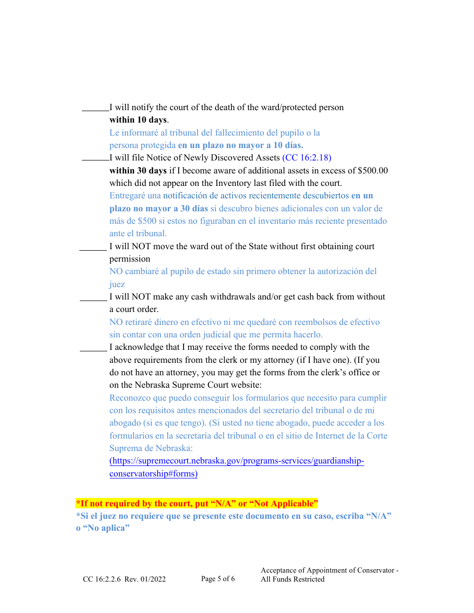 Form CC16:2.2.6 Acceptance of Appointment of Conservator - All Funds Restricted - Nebraska (English / Spanish), Page 5