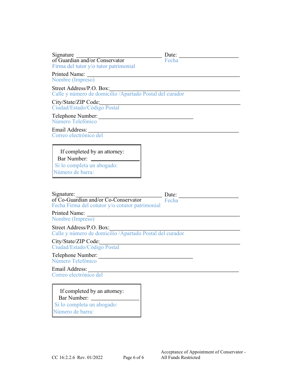 Form CC16:2.2.6 Acceptance of Appointment of Conservator - All Funds Restricted - Nebraska (English / Spanish), Page 6