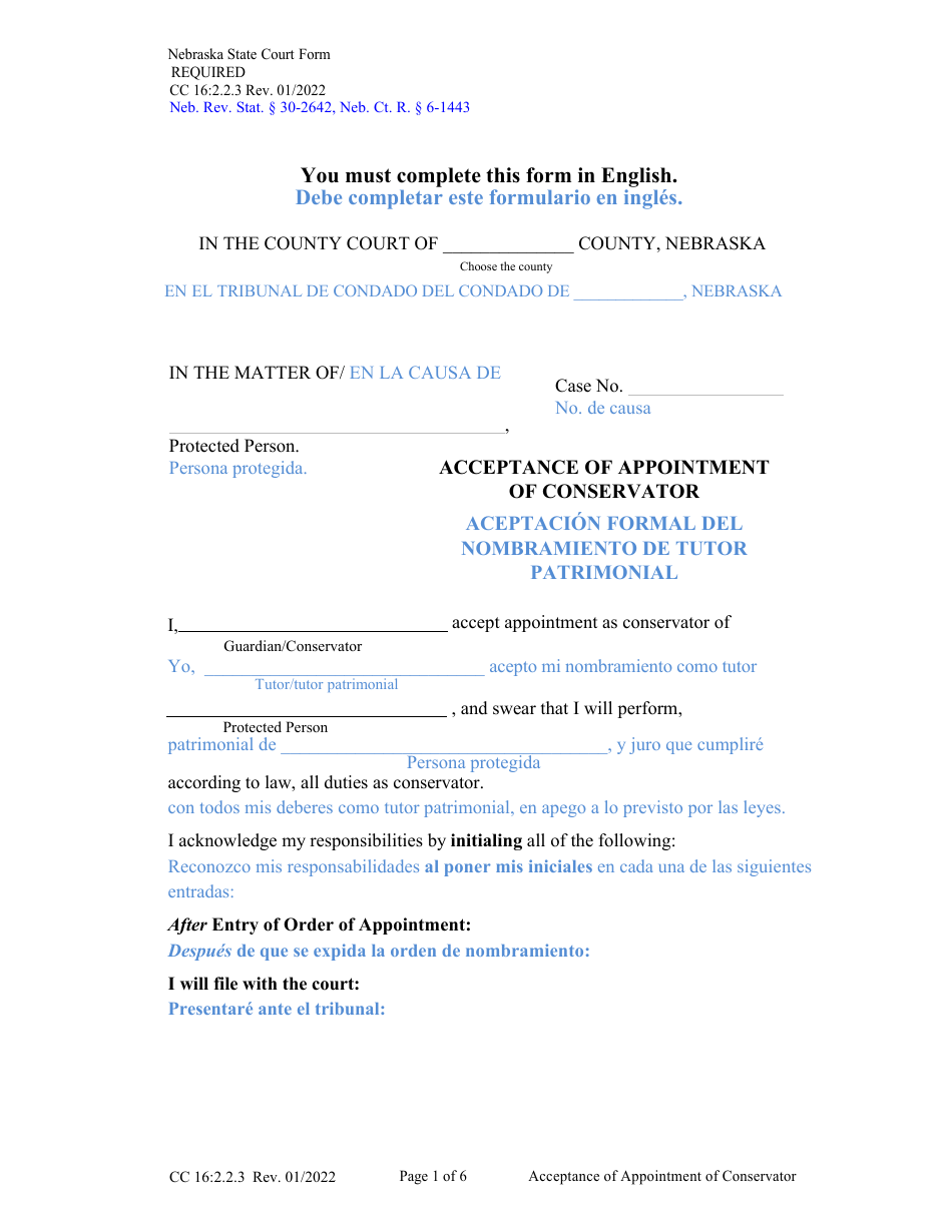 Form CC16:2.2.3 Cceptance of Appointment of Conservator - Nebraska (English / Spanish), Page 1