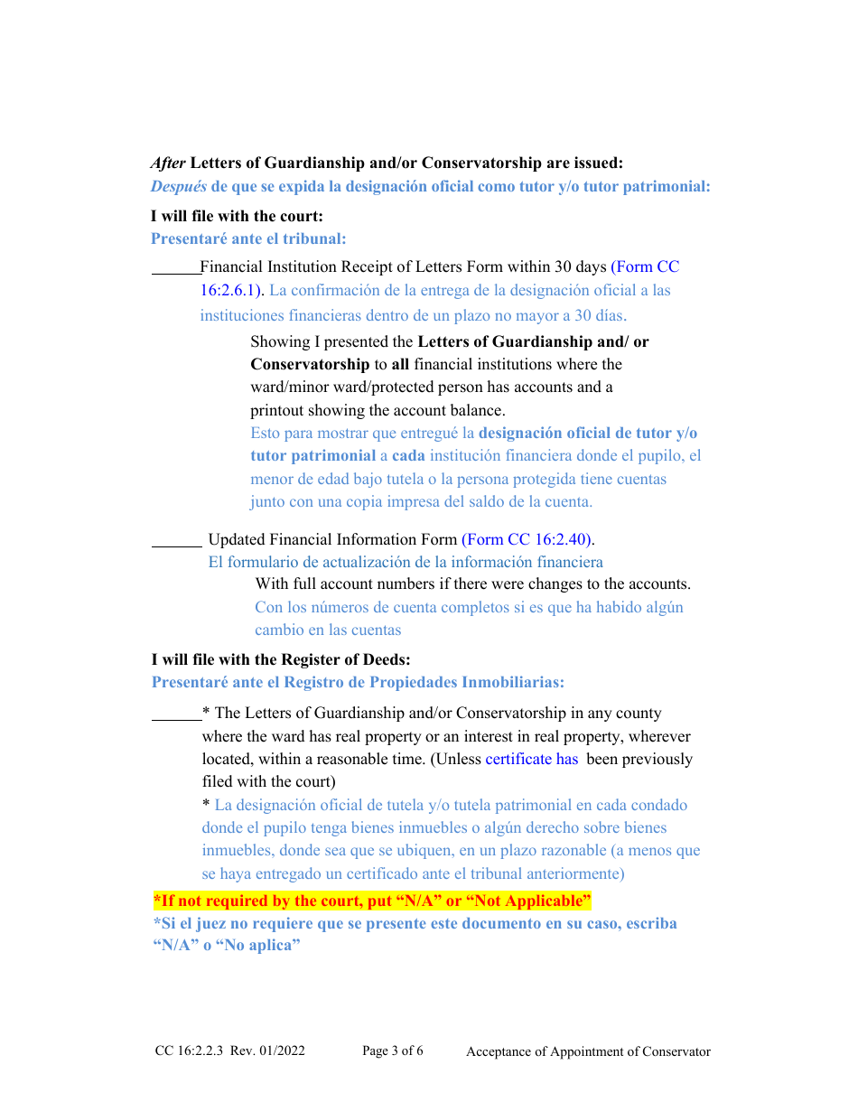 Form CC16:2.2.3 Cceptance of Appointment of Conservator - Nebraska (English / Spanish), Page 3