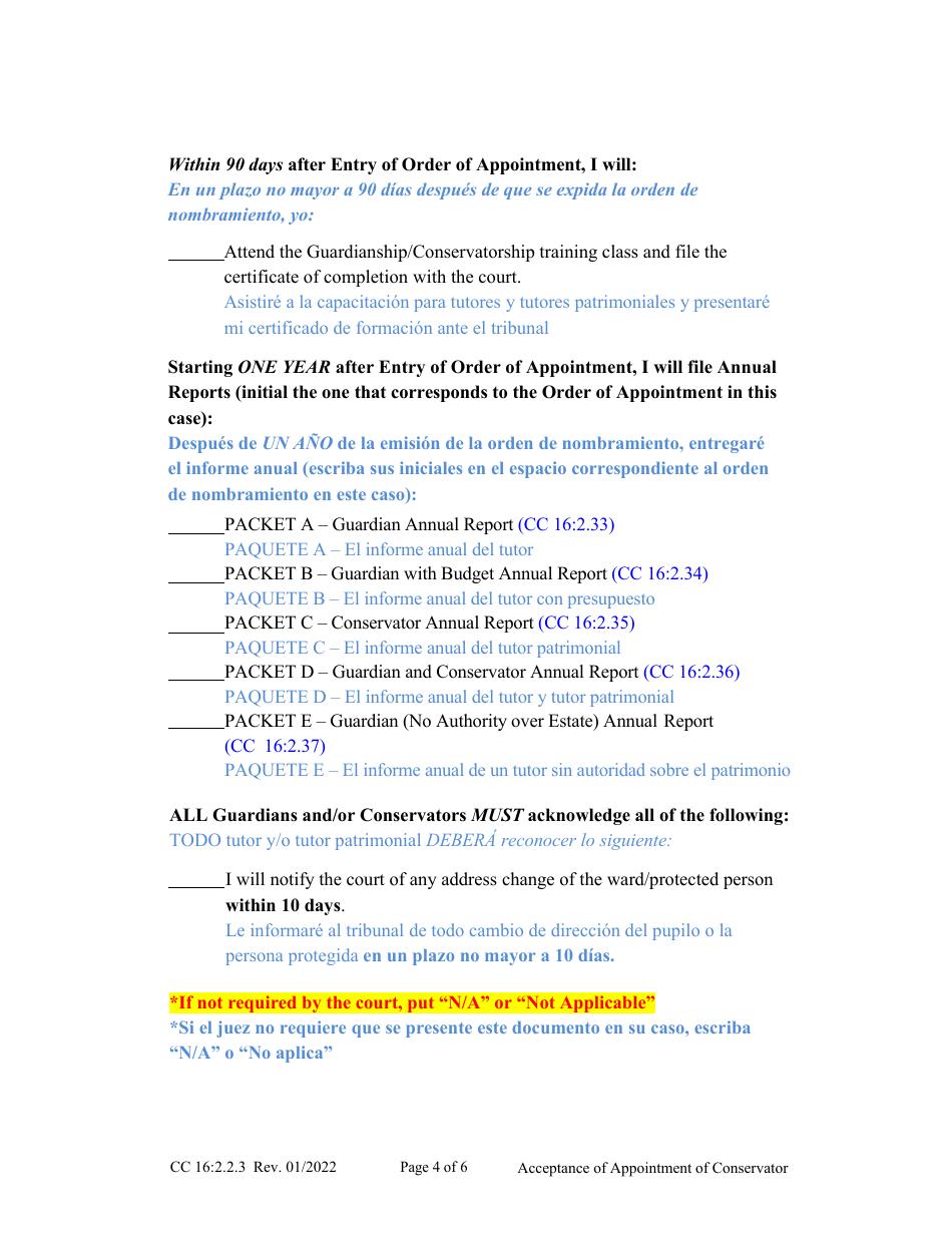 Form CC16:2.2.3 Cceptance of Appointment of Conservator - Nebraska (English / Spanish), Page 4
