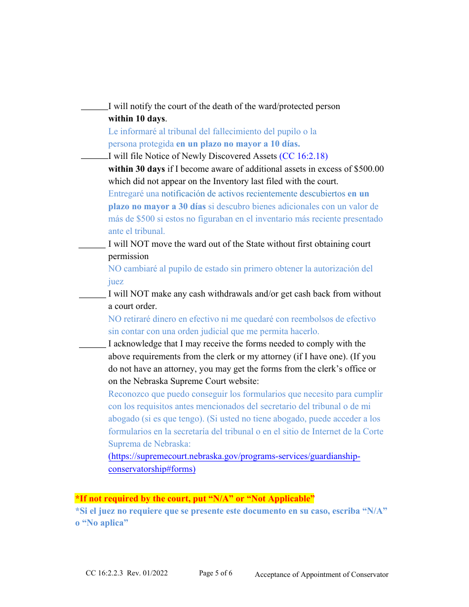 Form CC16:2.2.3 Cceptance of Appointment of Conservator - Nebraska (English / Spanish), Page 5