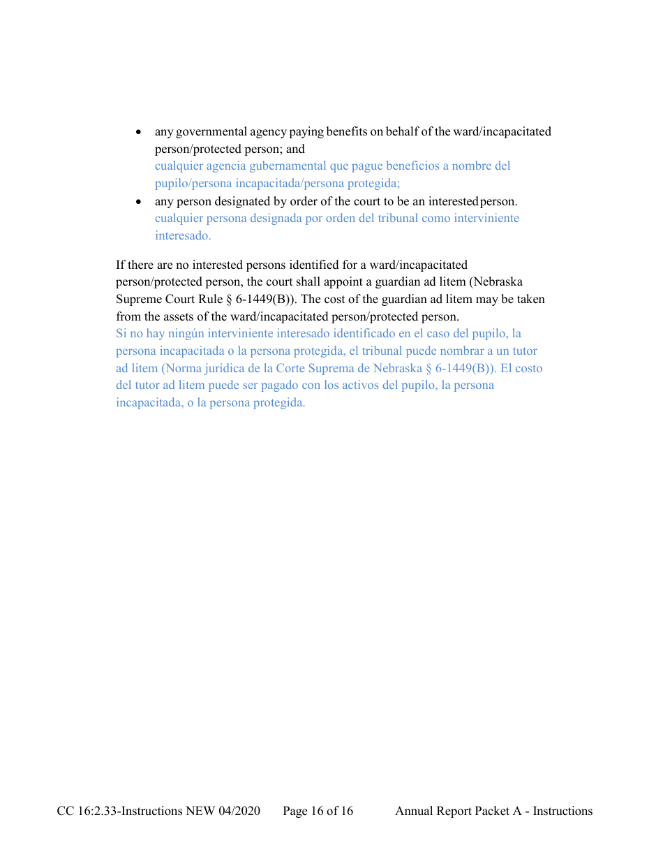 Instructions for Form CC16:2.33 Packet a - Guardianship Annual Reporting Forms - Nebraska (English / Spanish), Page 16