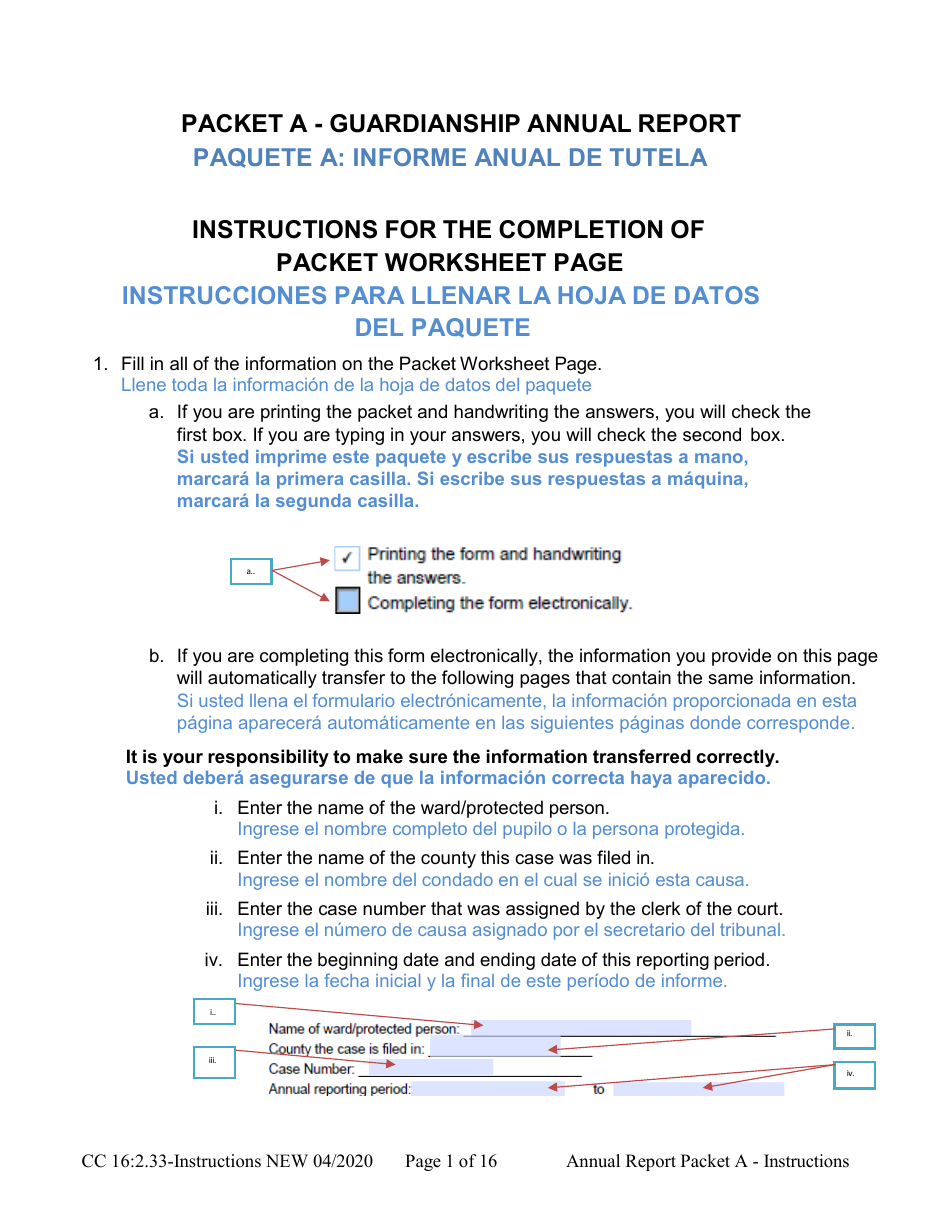 Instructions for Form CC16:2.33 Packet a - Guardianship Annual Reporting Forms - Nebraska (English / Spanish), Page 1