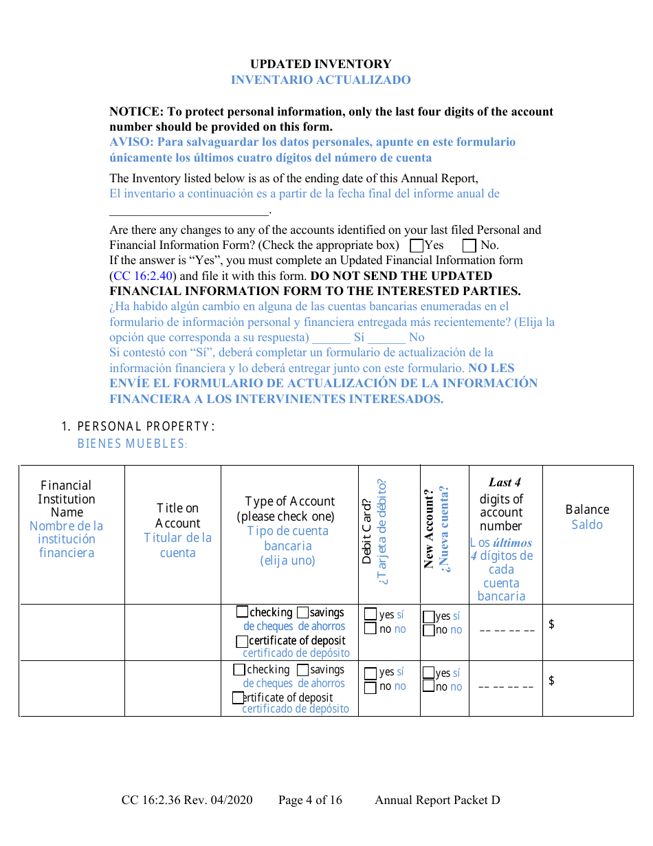 Form CC16:2.36 Packet D - Guardianship and Conservatorship Annual Reporting Forms - Nebraska (English / Spanish), Page 10