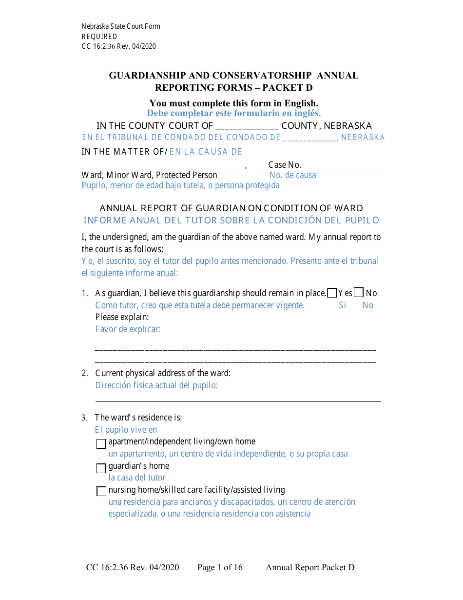 Form CC16:2.36 Packet D - Guardianship and Conservatorship Annual Reporting Forms - Nebraska (English / Spanish), Page 7