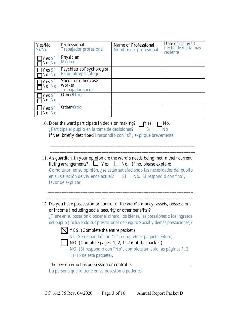 Form CC16:2.36 Packet D - Guardianship and Conservatorship Annual Reporting Forms - Nebraska (English / Spanish), Page 9