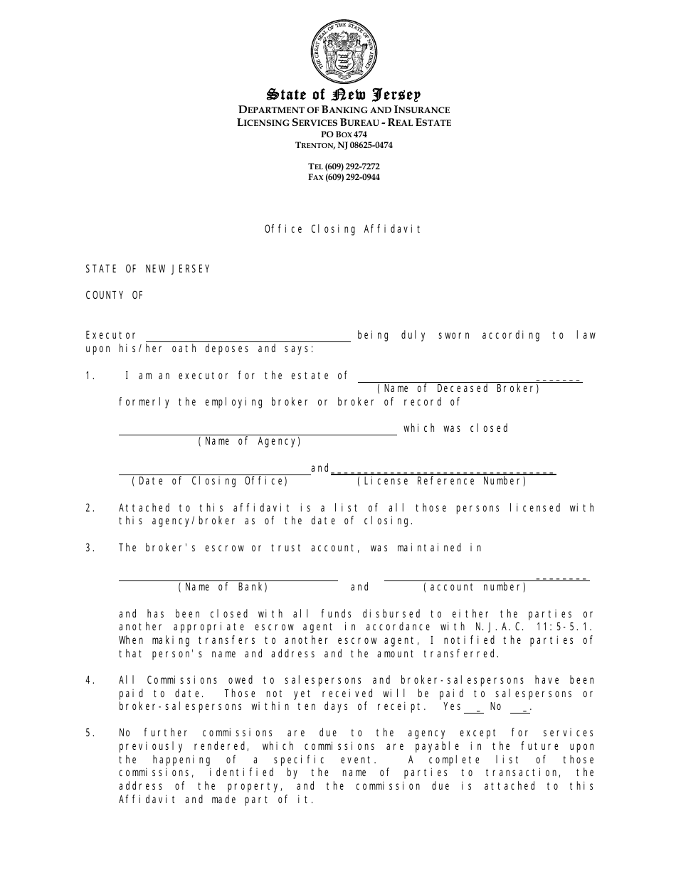 Form REC-009A Office Closing Affidavit - New Jersey, Page 1