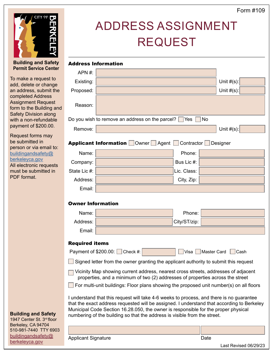 Form 109 Address Assignment Request - City of Berkeley, California, Page 1
