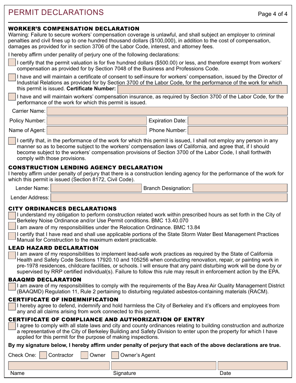 Form 110 Permit Declarations - City of Berkeley, California, Page 2