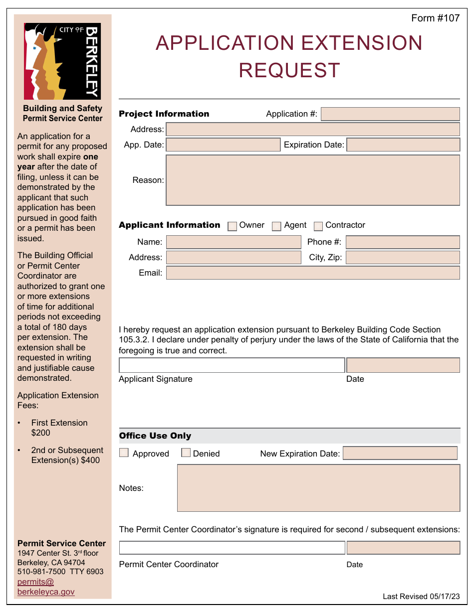 Form 107 Application Extension Request - City of Berkeley, California, Page 1
