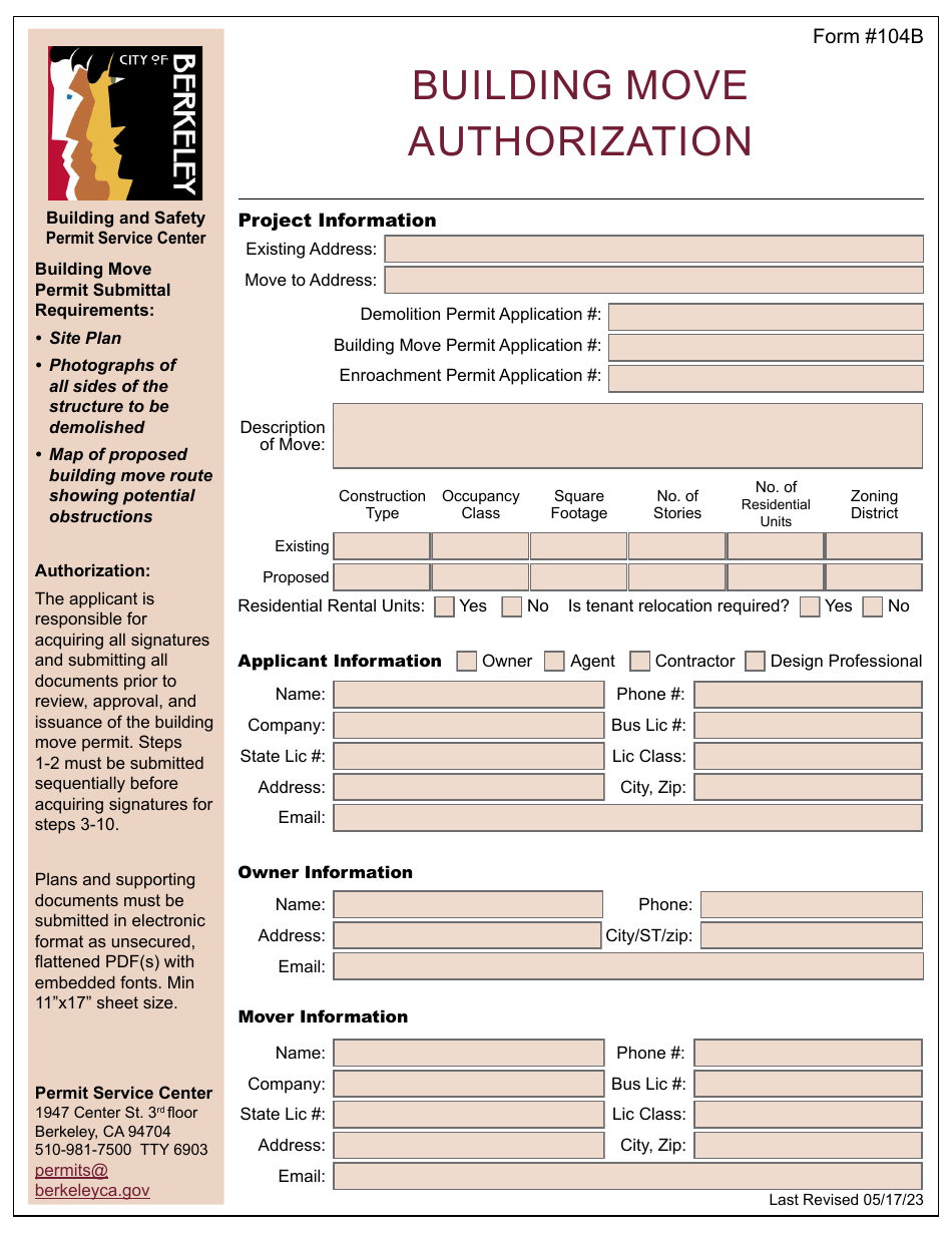 Form 104B Building Move Authorization - City of Berkeley, California, Page 1