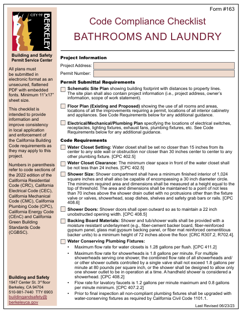 Form 163 Code Compliance Checklist - Bathrooms and Laundry - City of Berkeley, California