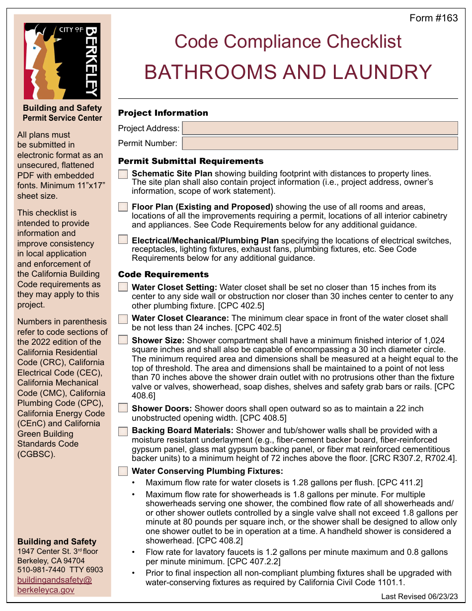 Form 163 Code Compliance Checklist - Bathrooms and Laundry - City of Berkeley, California, Page 1