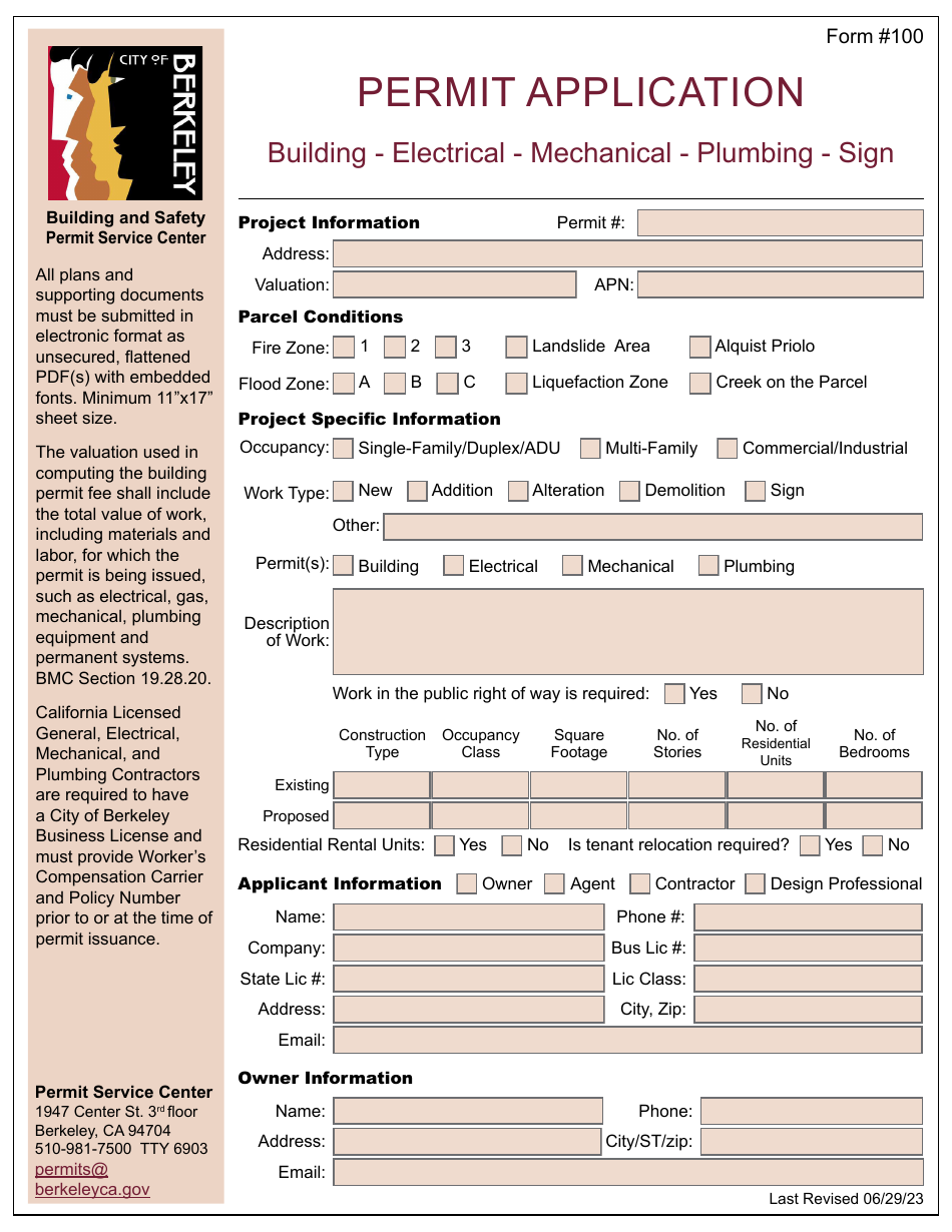 Form 100 Permit Application - Building - Electrical - Mechanical - Plumbing - Sign - City of Berkeley, California, Page 1