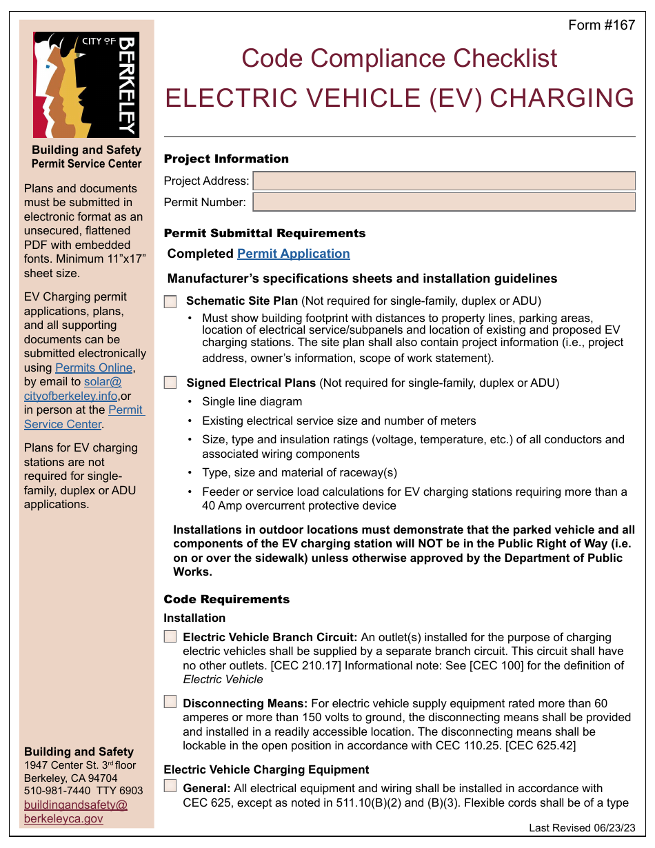 Form 167 Code Compliance Checklist - Electric Vehicle (Ev) Charging - City of Berkeley, California, Page 1