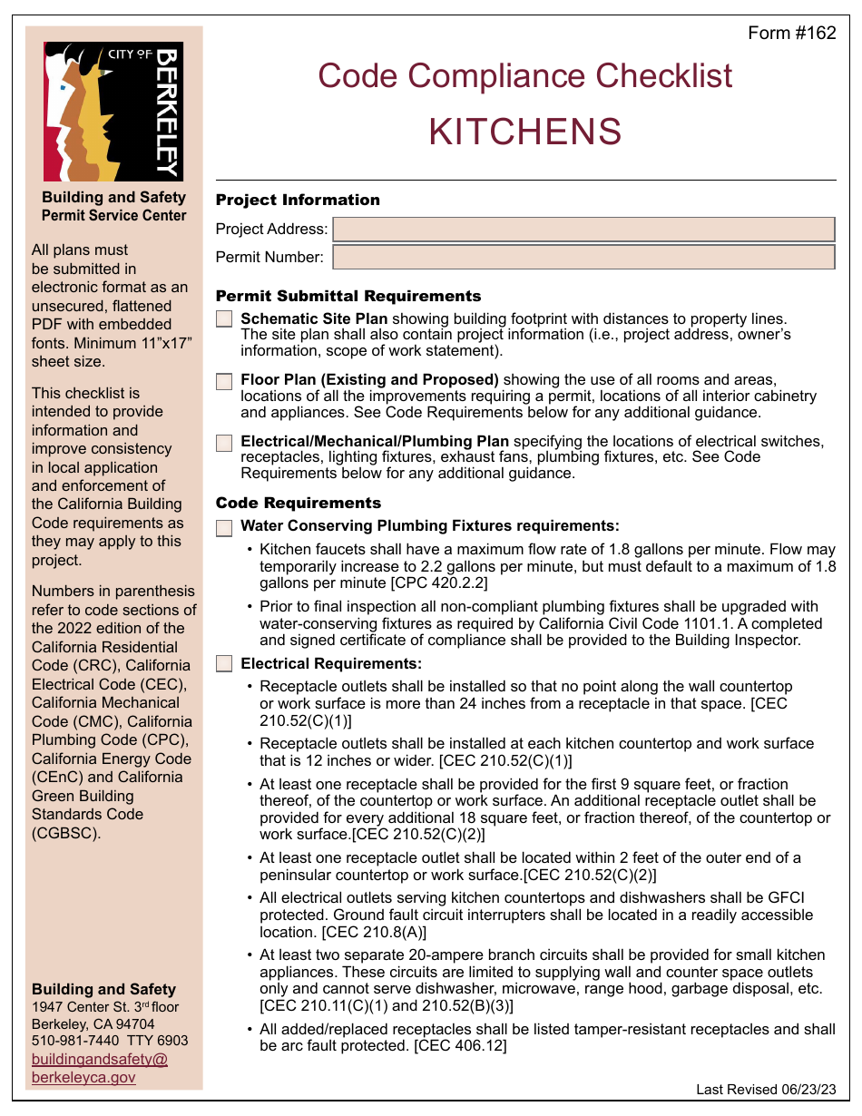 Form 162 Code Compliance Checklist - Kitchens - City of Berkeley, California, Page 1