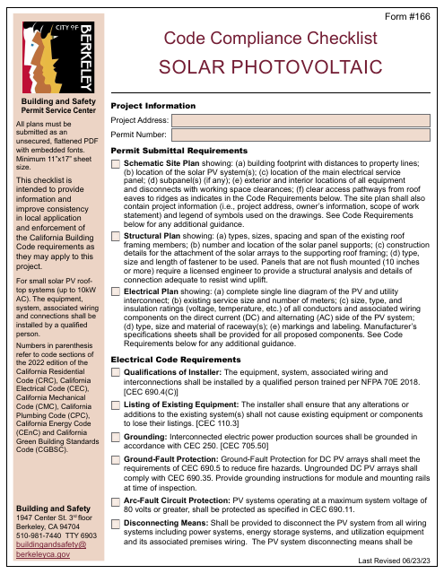 Form 166 Code Compliance Checklist - Solar Photovoltaic - City of Berkeley, California