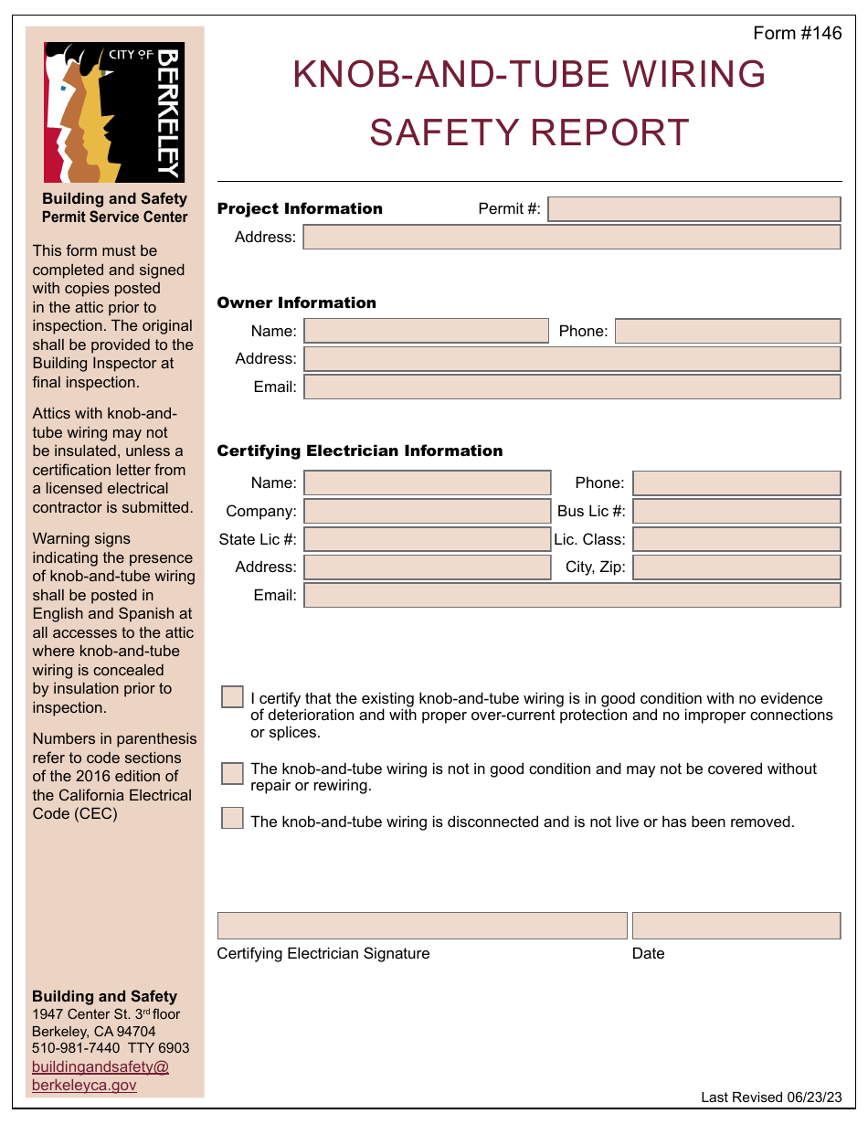 Form 146 Knob-And-Tube Wiring Safety Report - City of Berkeley, California, Page 1