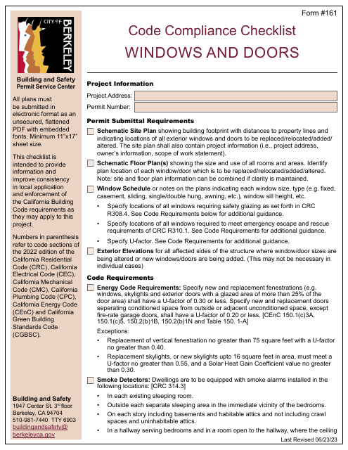 Form 161 Code Compliance Checklist - Windows and Doors - City of Berkeley, California