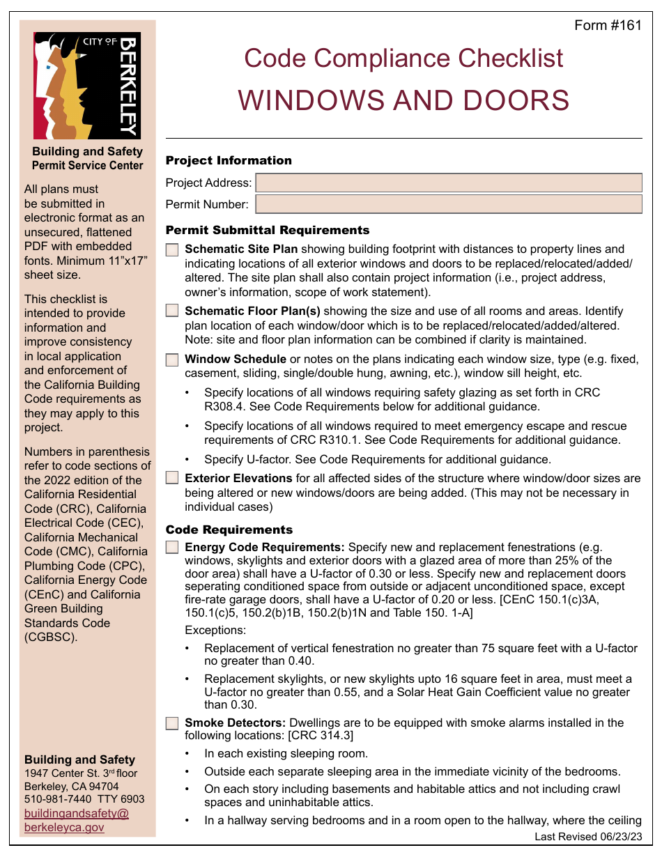 Form 161 Code Compliance Checklist - Windows and Doors - City of Berkeley, California, Page 1
