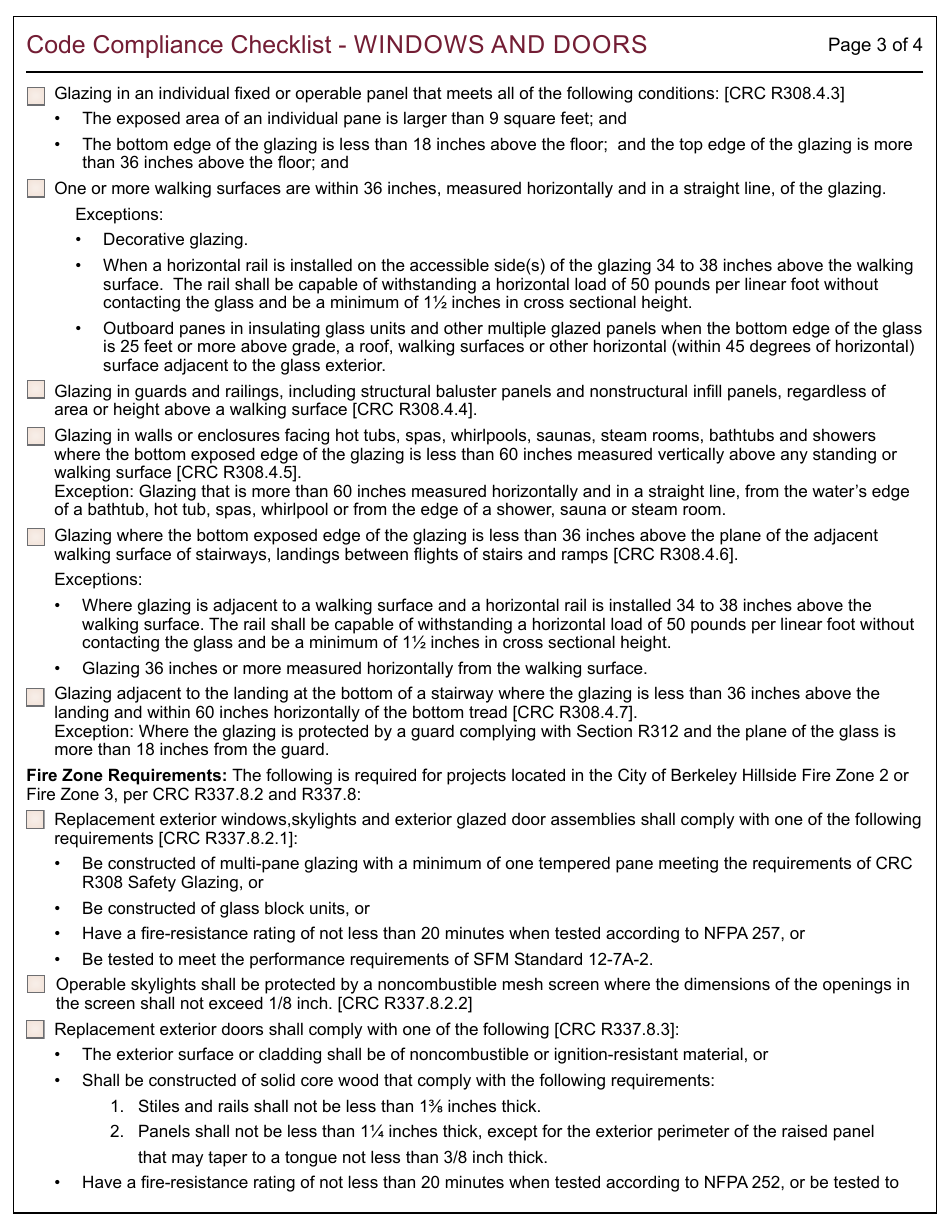 Form 161 Code Compliance Checklist - Windows and Doors - City of Berkeley, California, Page 3