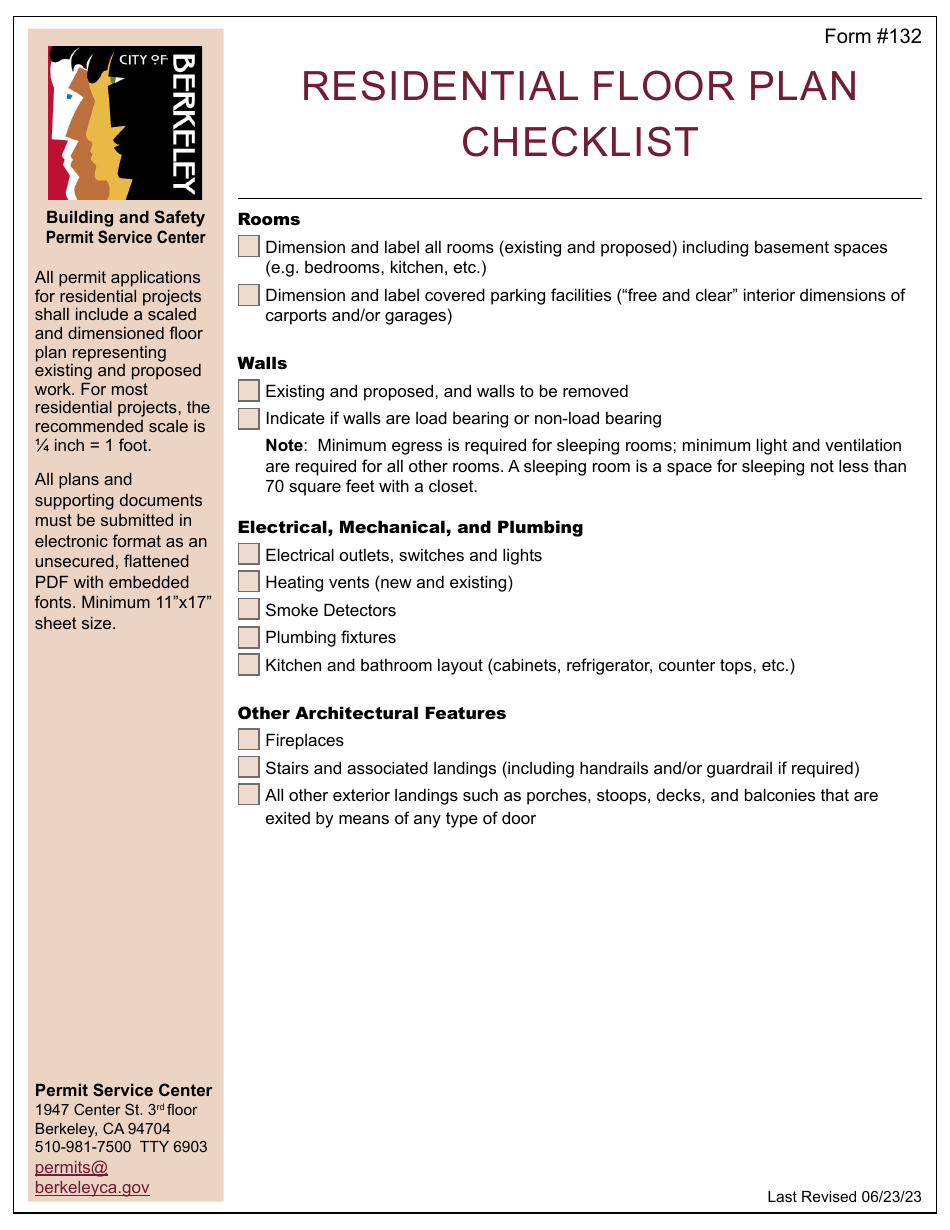 Form 132 Residential Floor Plan Checklist - City of Berkeley, California, Page 1