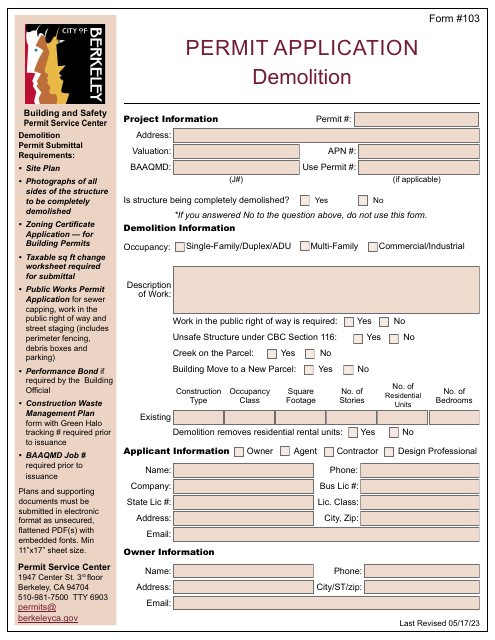 Form 103 Permit Application - Demolition - City of Berkeley, California