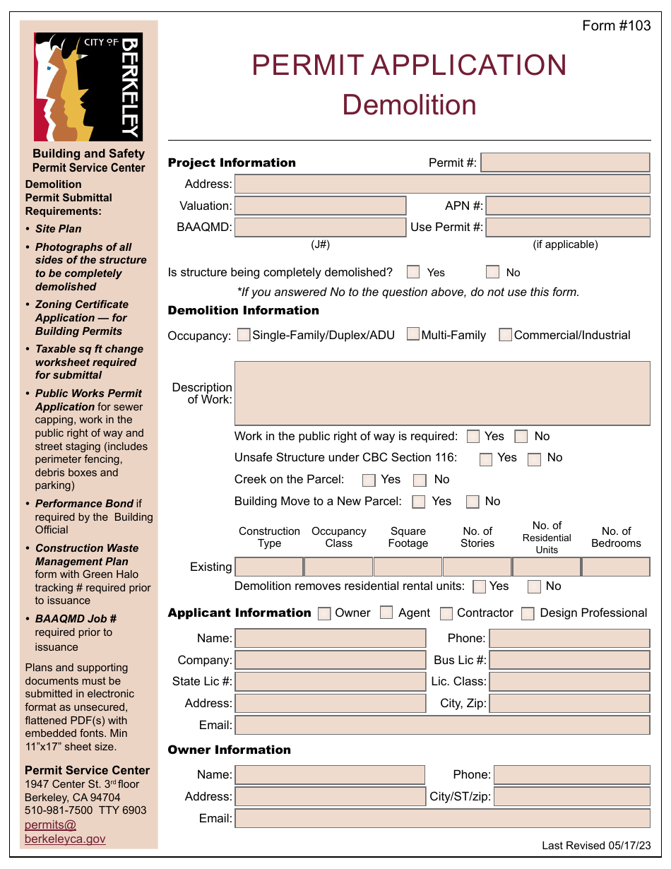 Form 103 Permit Application - Demolition - City of Berkeley, California, Page 1