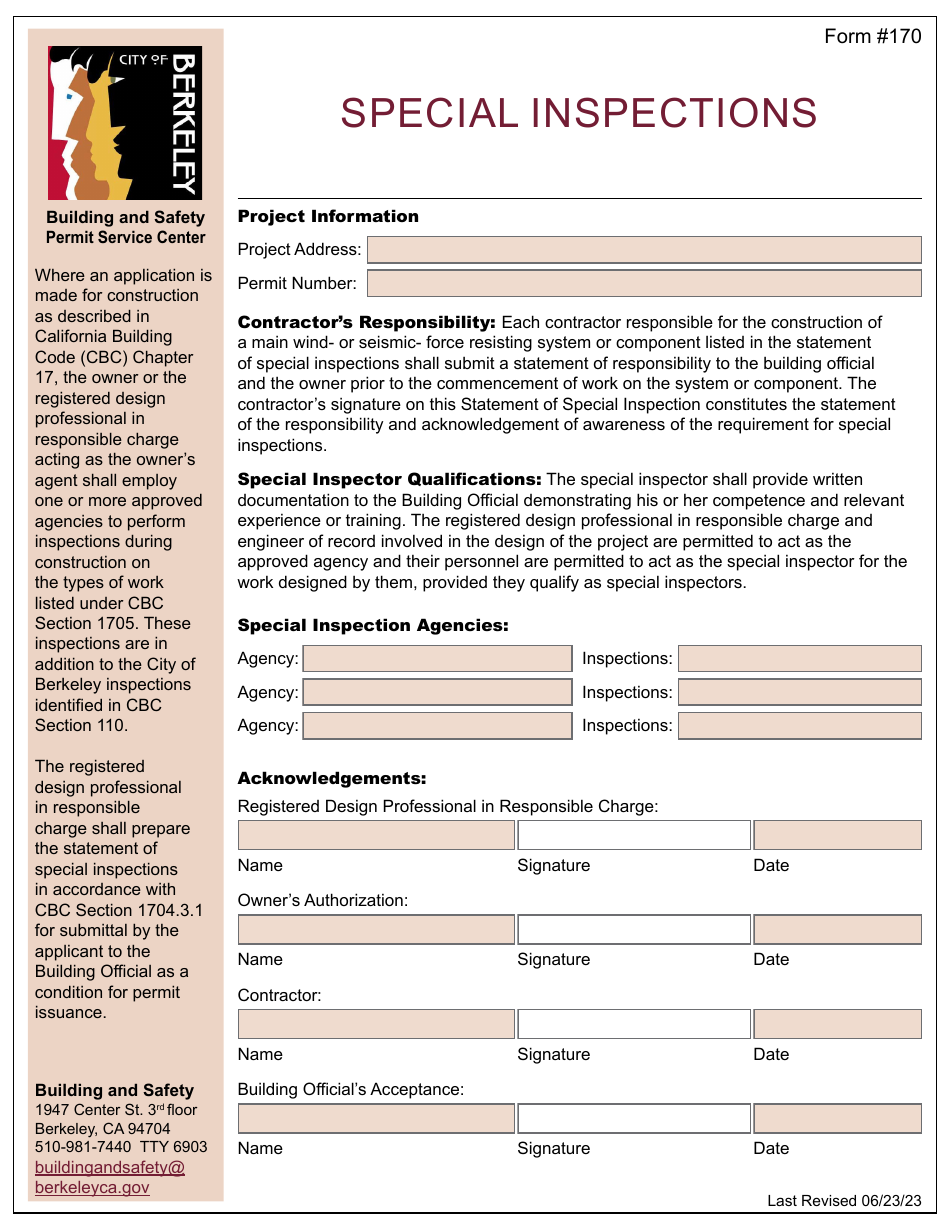 Form 170 Special Inspections - City of Berkeley, California, Page 1