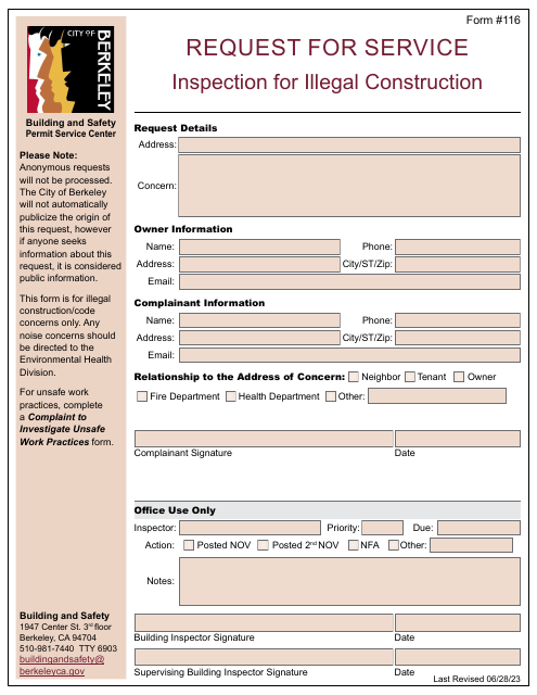 Form 116 Request for Service - Inspection for Illegal Construction - City of Berkeley, California