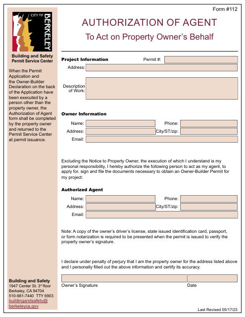 Form 112 Authorization of Agent to Act on Property Owner's Behalf - City of Berkeley, California