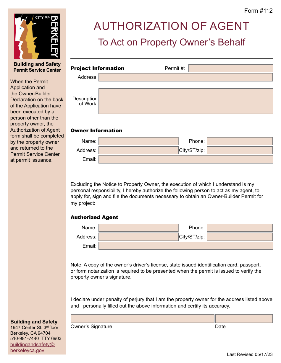 Form 112 Authorization of Agent to Act on Property Owners Behalf - City of Berkeley, California, Page 1