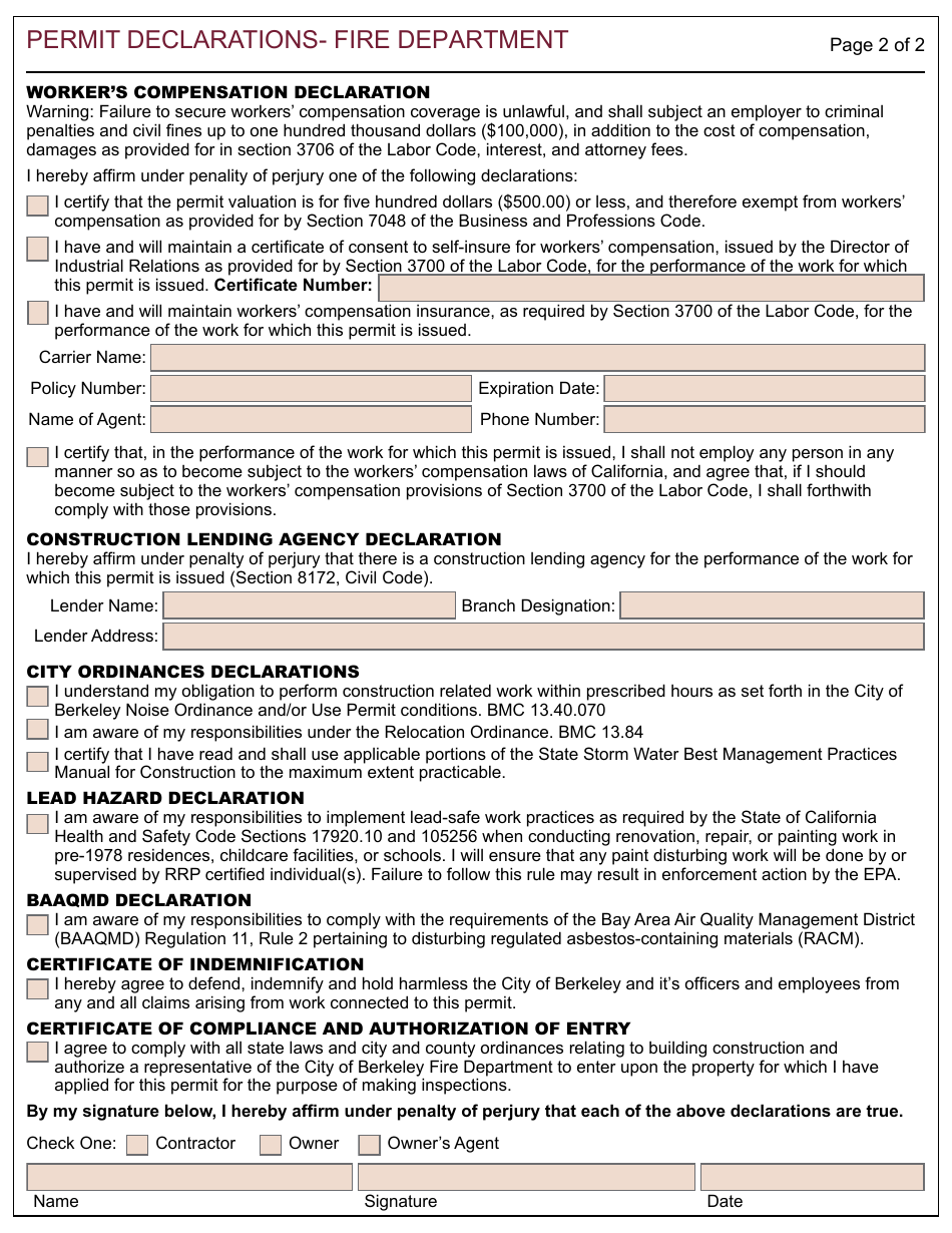 City of Berkeley, California Fire Permit Declarations Form Fill Out