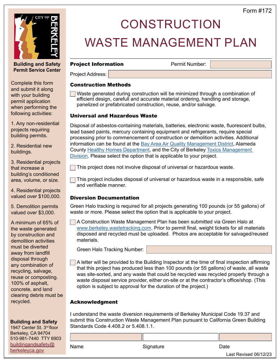 Form 172 Construction Waste Management Plan - City of Berkeley, California, Page 1