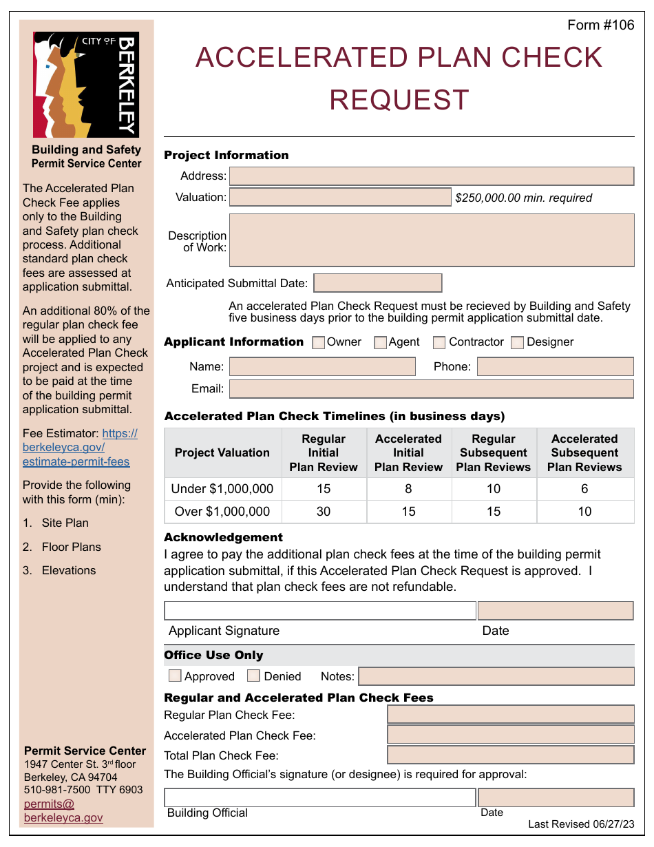 Form 106 Accelerated Plan Check Request - City of Berkeley, California, Page 1