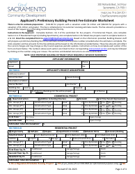 Document preview: Form CDD-0419 Applicant's Preliminary Building Permit Fee Estimate Worksheet - City of Sacramento, California