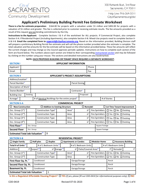 Form CDD-0419 Applicant's Preliminary Building Permit Fee Estimate Worksheet - City of Sacramento, California