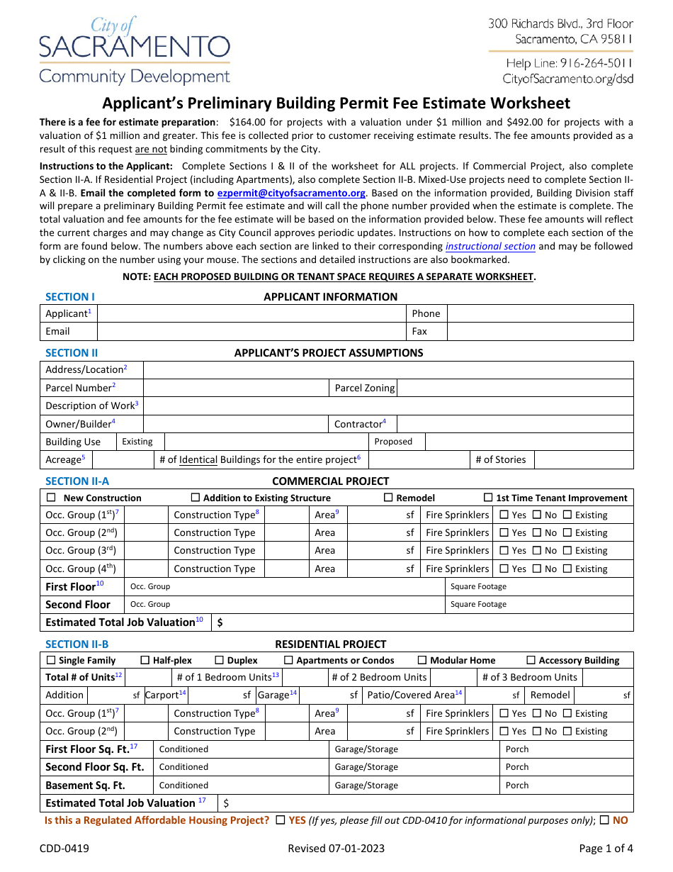 Form CDD-0419 Applicants Preliminary Building Permit Fee Estimate Worksheet - City of Sacramento, California, Page 1
