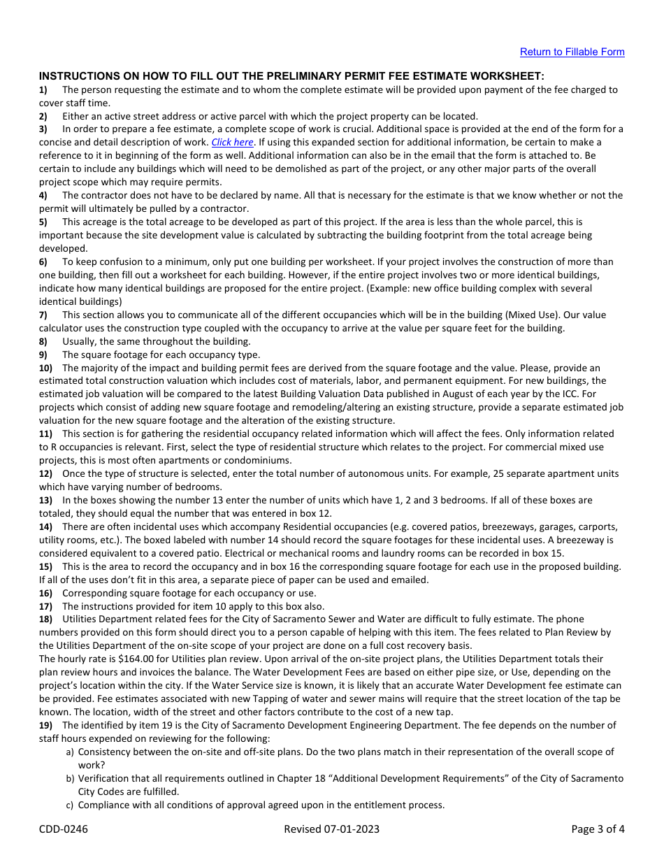 Form CDD-0419 Applicants Preliminary Building Permit Fee Estimate Worksheet - City of Sacramento, California, Page 3