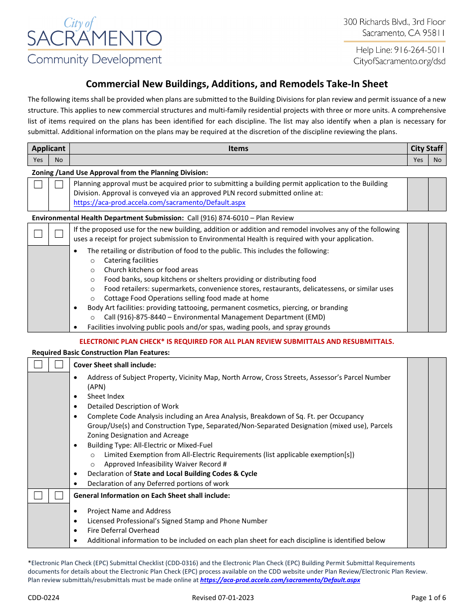 Form CDD-0224 Commercial New Buildings, Additions, and Remodels Take-In Sheet - City of Sacramento, California, Page 1