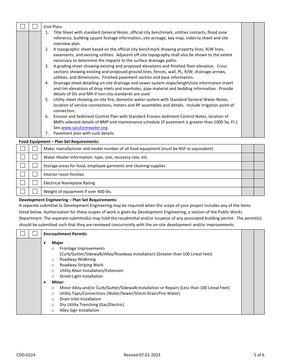 Form CDD-0224 Commercial New Buildings, Additions, and Remodels Take-In Sheet - City of Sacramento, California, Page 5