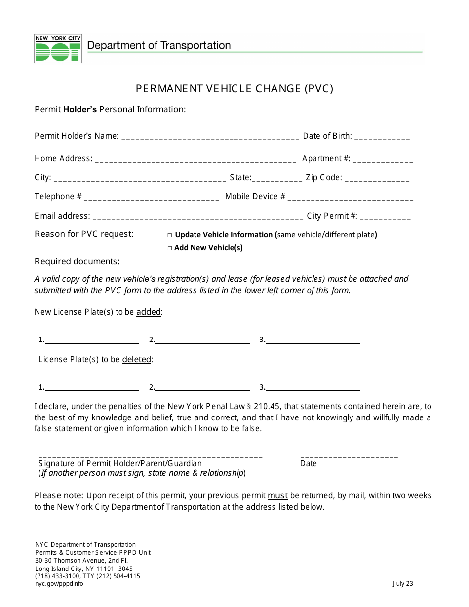 Permanent Vehicle Change (Pvc) - New York, Page 1