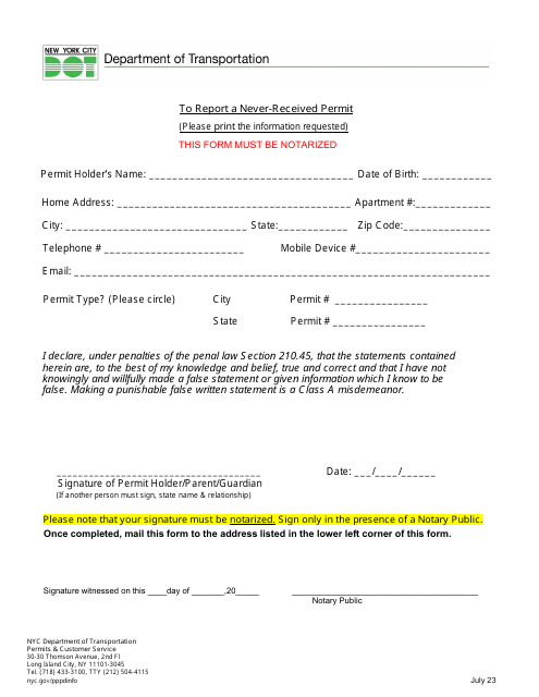 Form to Report a Never-Received Permit - New York Download Pdf