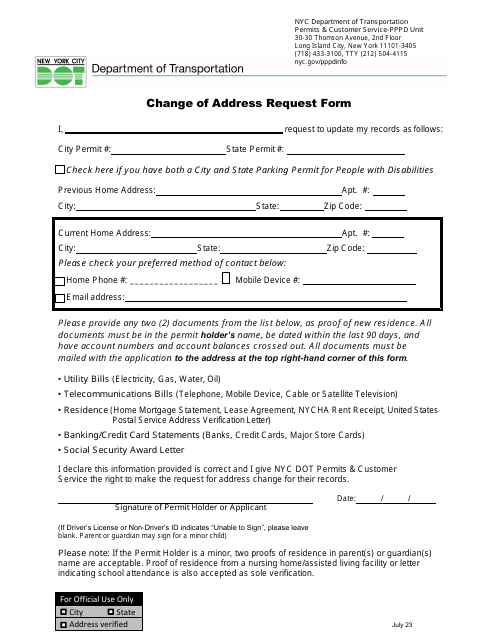 Change of Address Request Form - New York Download Pdf