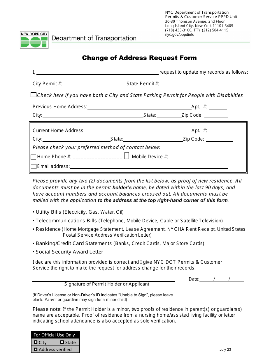 Change of Address Request Form - New York, Page 1