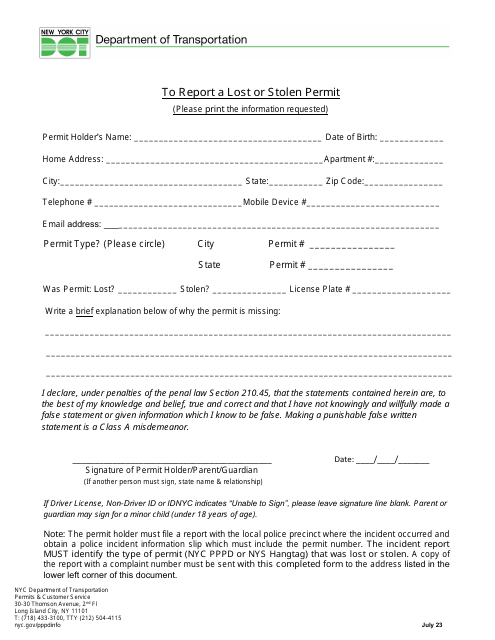 Form to Report a Lost or Stolen Permit - New York City