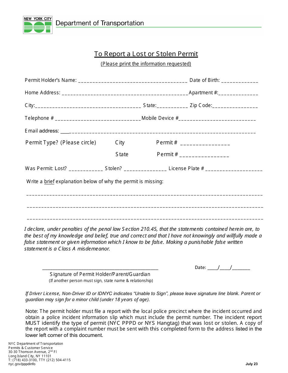 Form to Report a Lost or Stolen Permit - New York City, Page 1